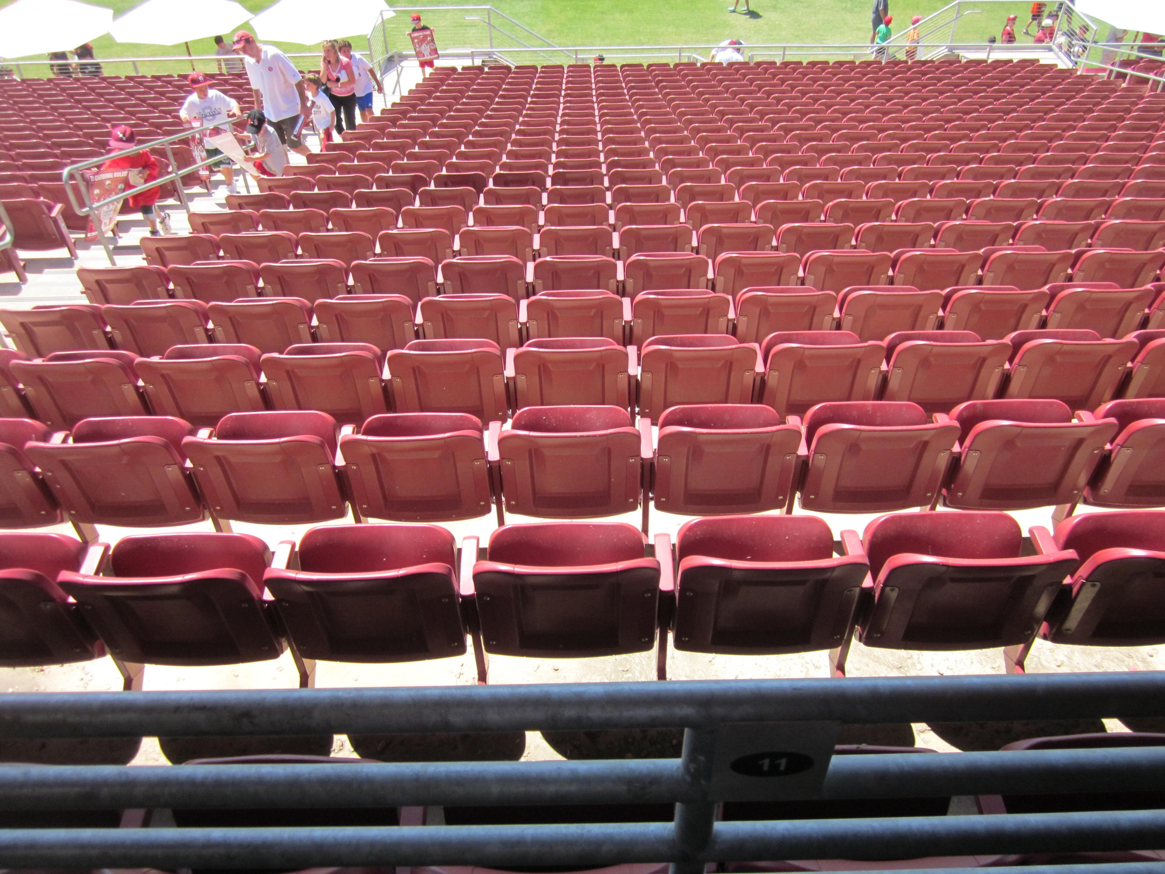 Rows of red seats inside Stanford Stadium