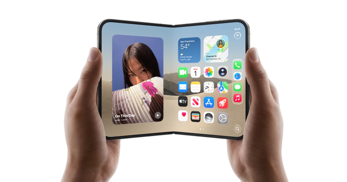Two hands holding an open foldable iPhone Duo showing its large inner display