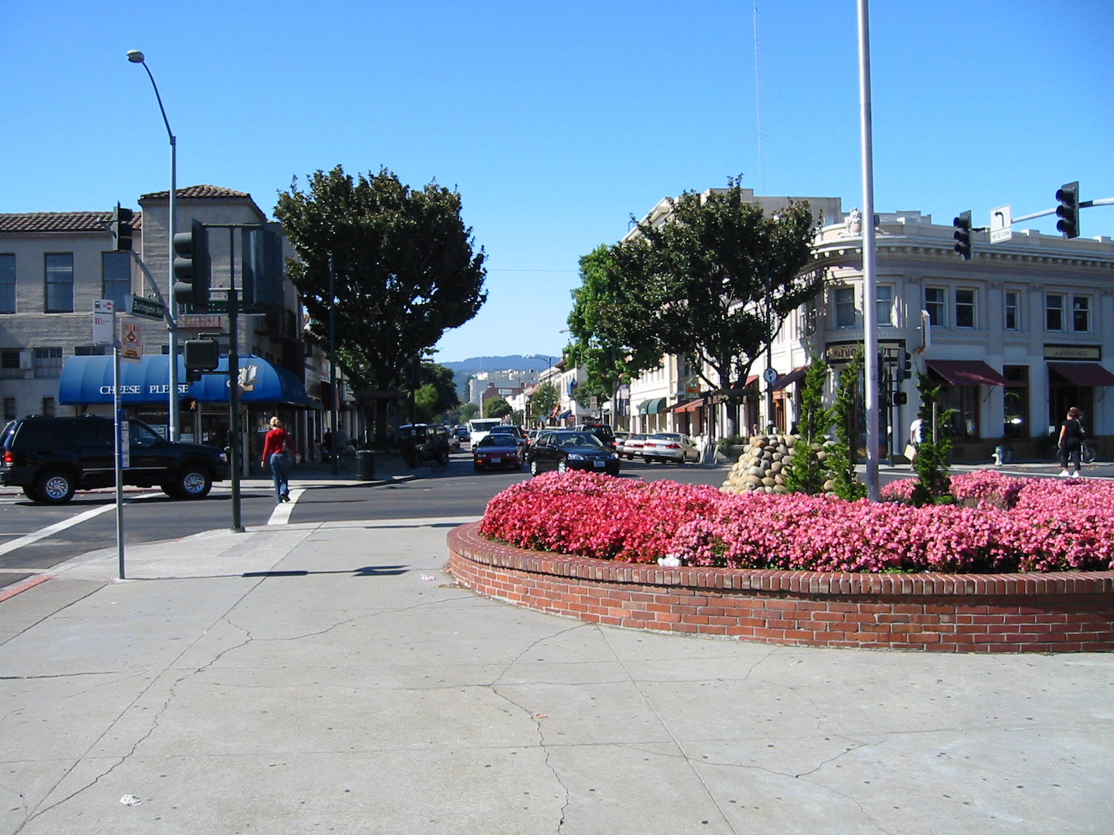 Storefronts and street trees along Burlingame Avenue in downtown Burlingame, California