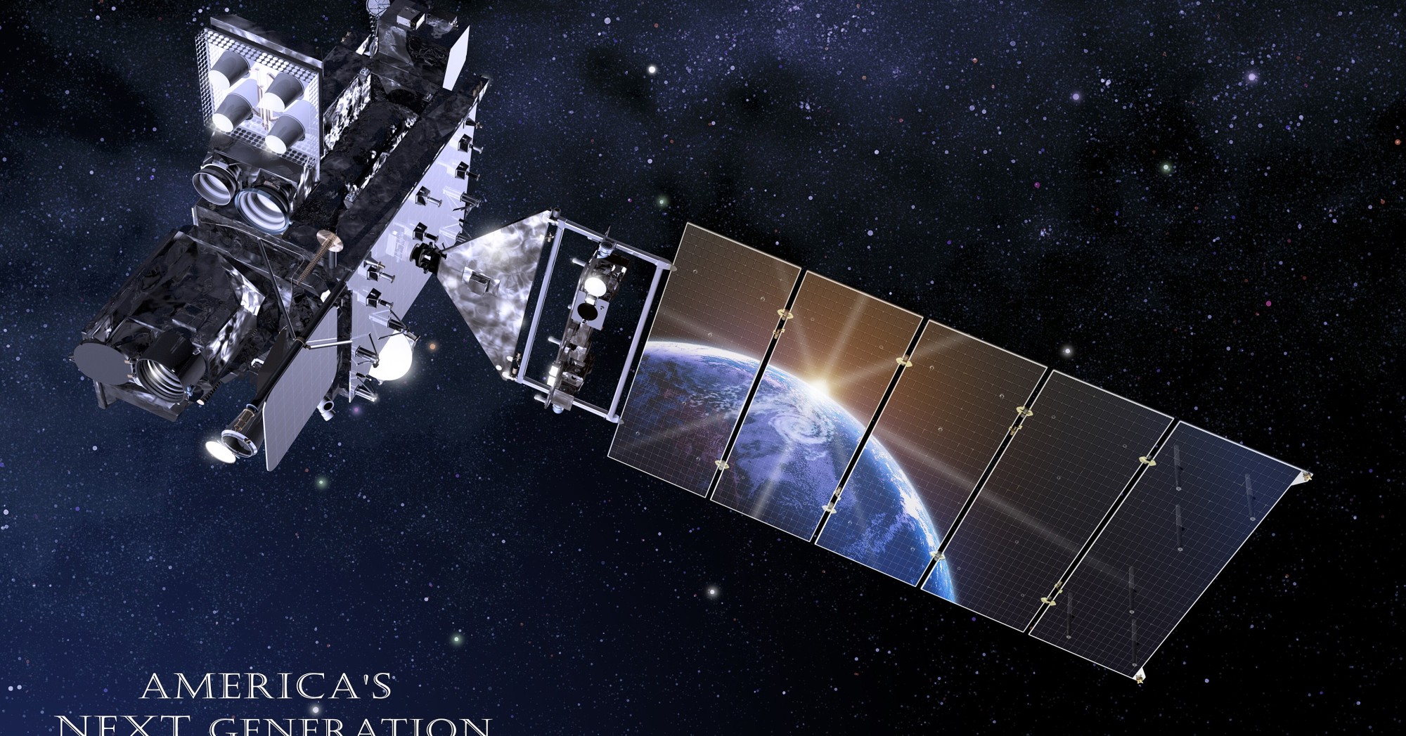 An artist's rendering of a NOAA geostationary weather satellite in orbit, with Earth reflected in its solar panel
