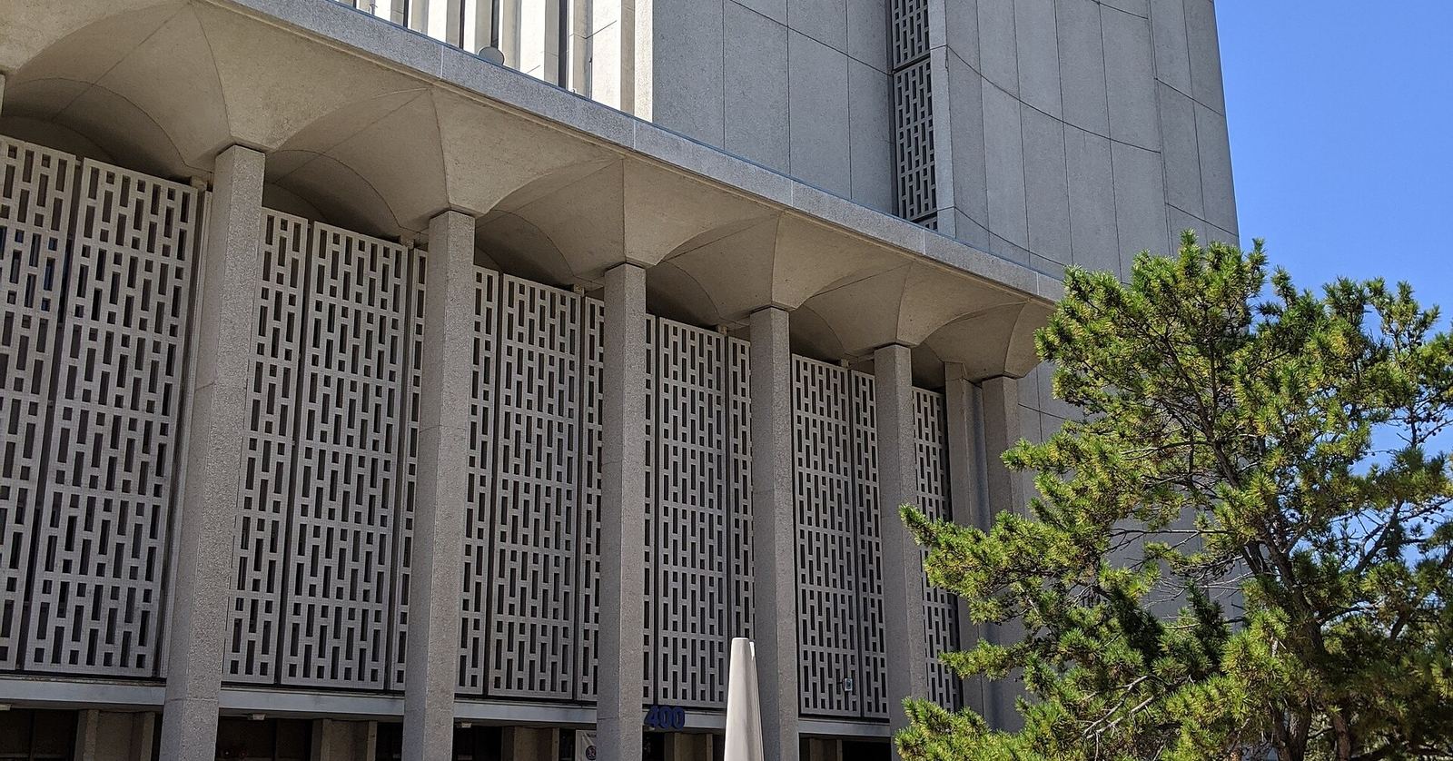 Modernist concrete facade of the San Mateo County Superior Court building in Redwood City