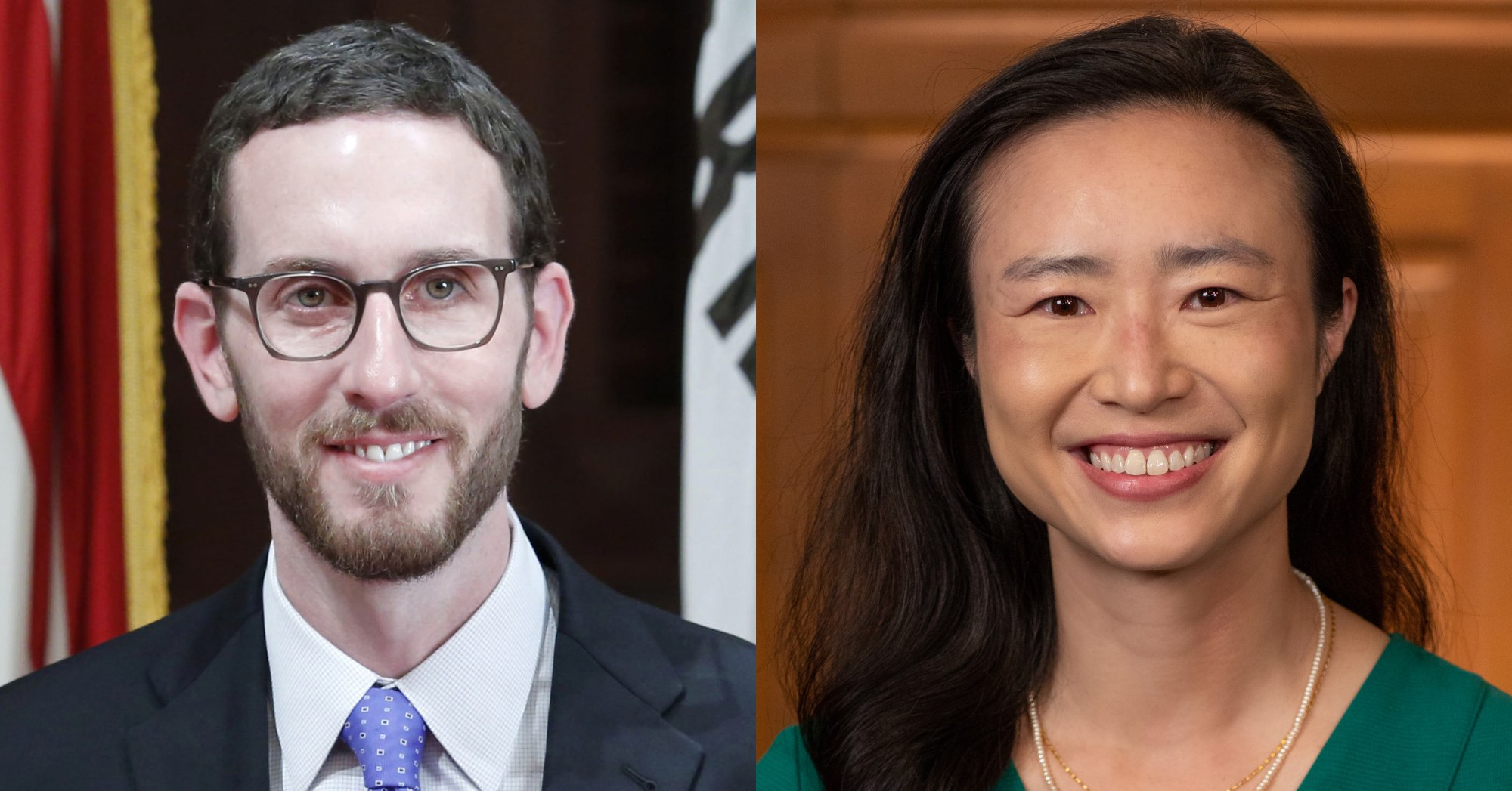Side-by-side portraits of Scott Wiener and Connie Chan.