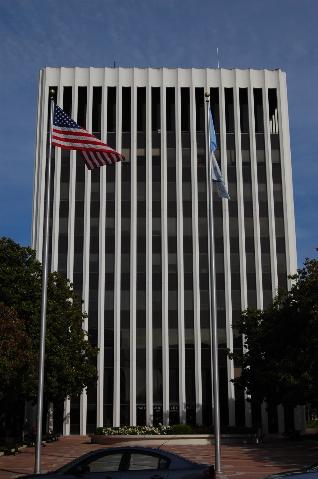 Palo Alto City Hall, a multistory modernist building on Hamilton Avenue